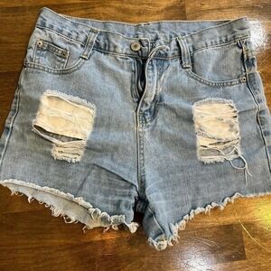 Women's denim cutoff shorts frayed coastal ripped beach edgy 28"